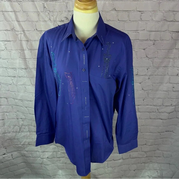 vintage grandma purple Button down shirt with rhinestone cats size medium - Picture 1 of 10